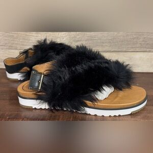 🥰 UGG Holly Sheepskin Fluffy Black Casual Fashion Strappy Sandal Womens Sz 7